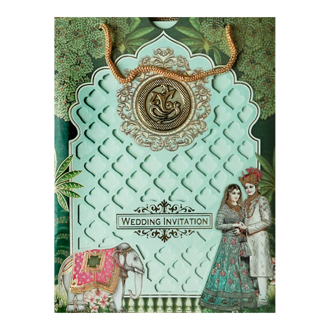 Green Laser-Cut Bride and Groom Bag Style Wedding Card - KNAV1802 - Image 3