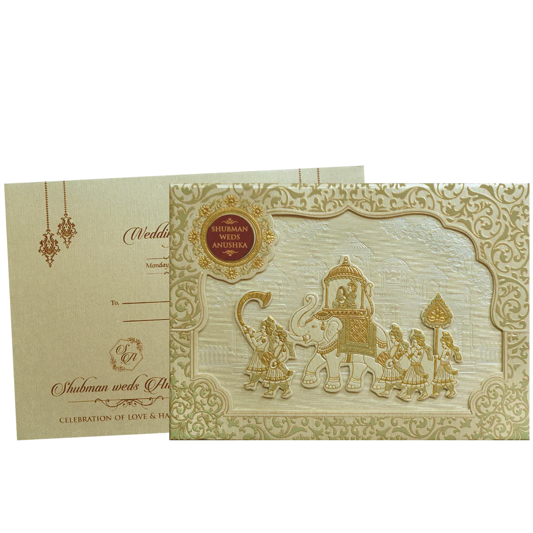 Royal Beige Embossed Gold Foil Wedding Invitation Card-KRB09780 - Image 2