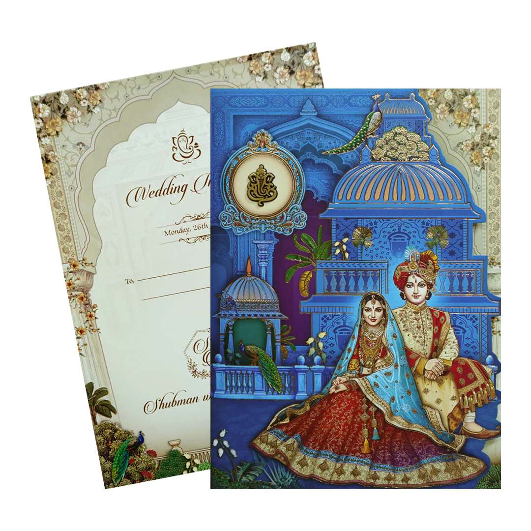 Royal Blue Gold Foil 3 Fold Bride and Groom Wedding Invitation Card-KRB09010 - Image 2