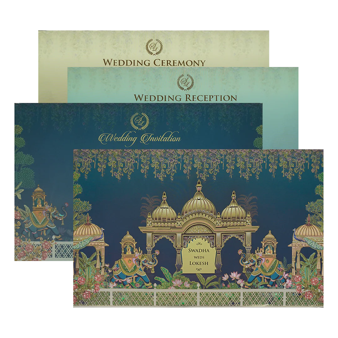 Royal Blue Gold Palace Padded Wedding Card-KRE27850
