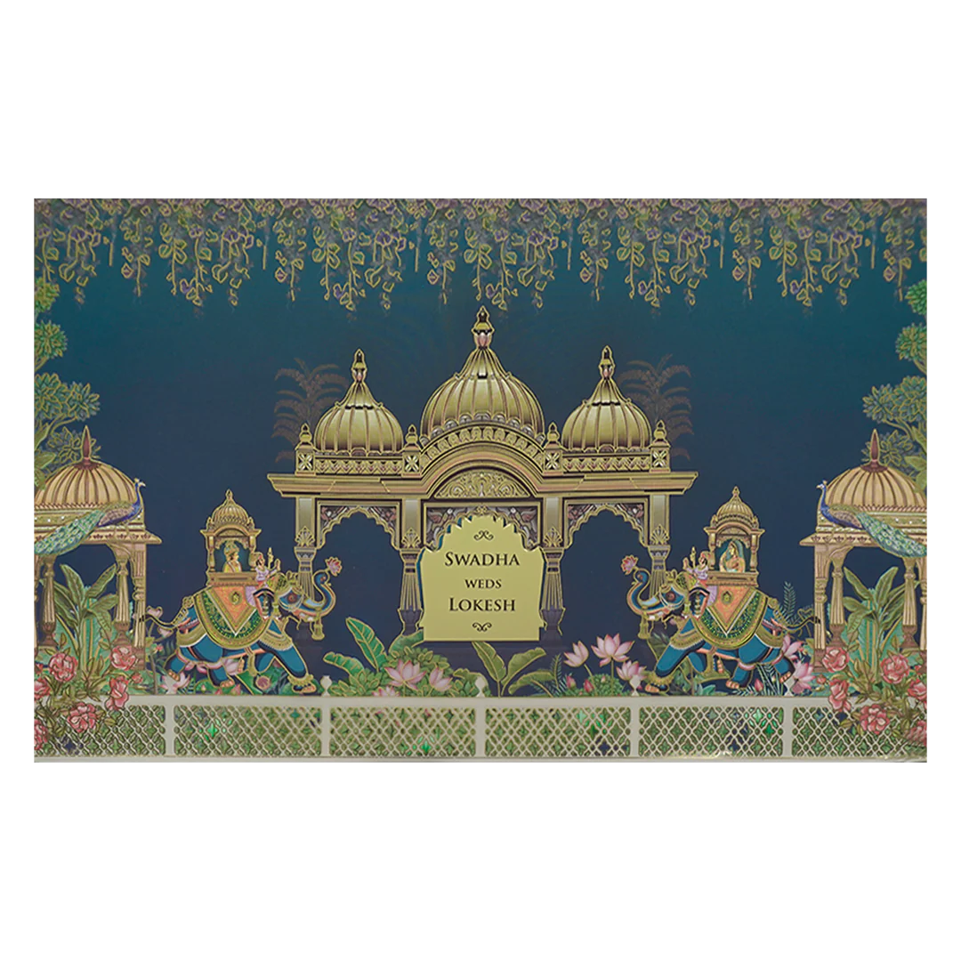 Royal Blue Gold Palace Padded Wedding Card-KRE27850 - Image 3