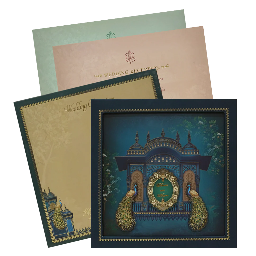 Royal Blue Gold Palace Peacock Padded Wedding Card - KMMEX8020