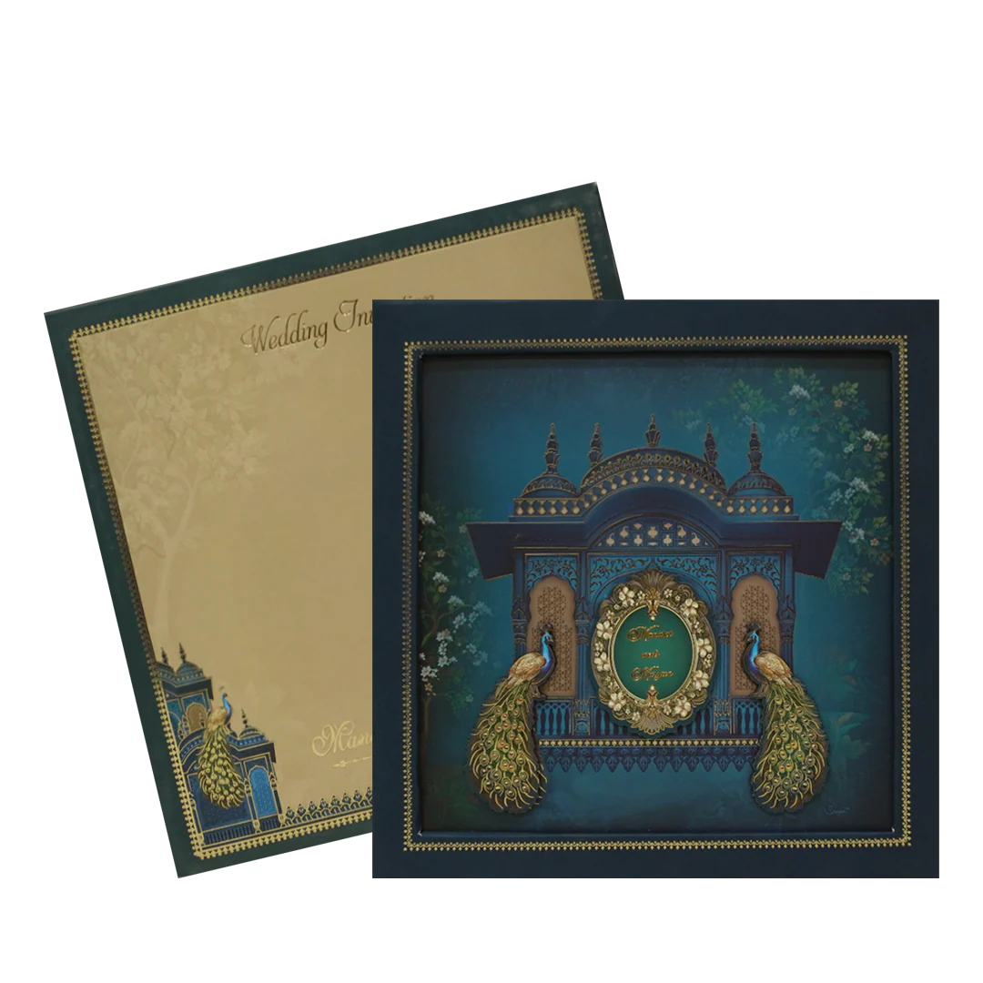 Royal Blue Gold Palace Peacock Padded Wedding Card - KMMEX8020 - Image 2
