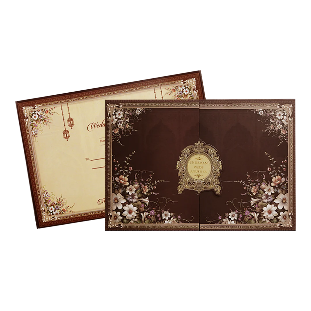 Royal Brown Floral Gold Foil Door Style Wedding Invitation Card-KRB09090 - Image 2