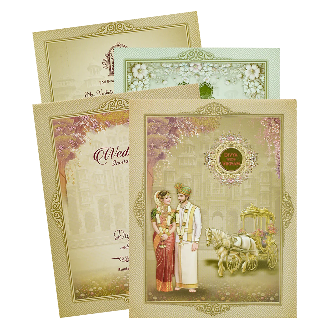 Royal Chariot Couple Padded Wedding Card-KNMO9312