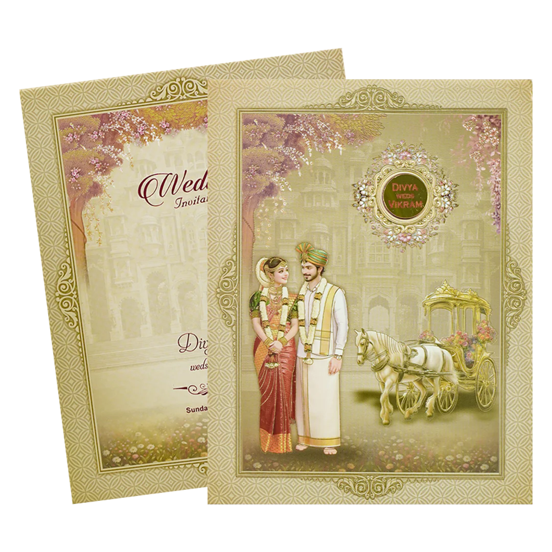 Royal Chariot Couple Padded Wedding Card-KNMO9312 - Image 2
