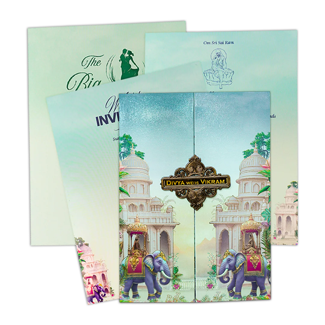 Royal Elephant Gatefold Padded Wedding Card-KNPS8605C
