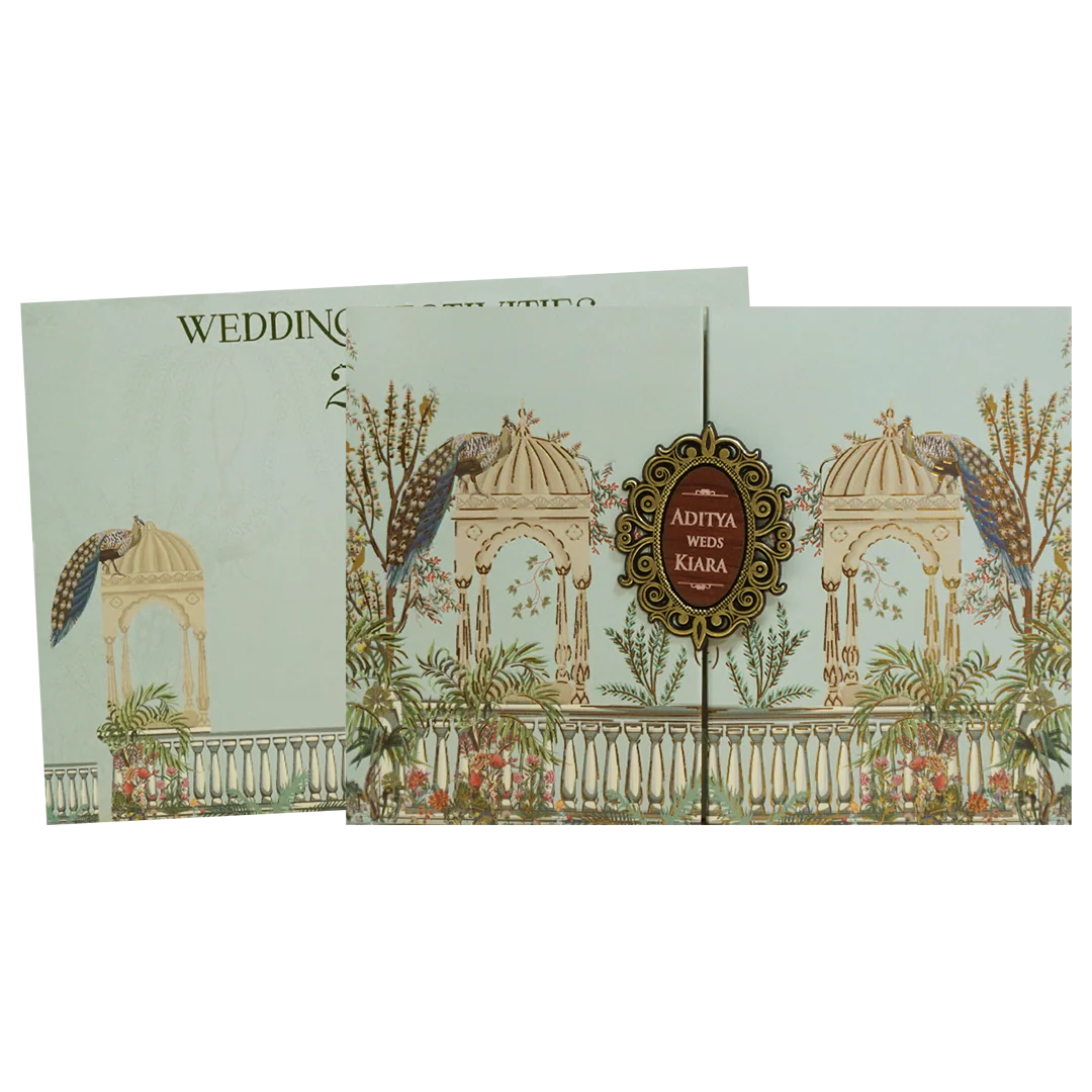 Royal Peacock Pastel Green Wedding Card - KFR16390 - Image 2