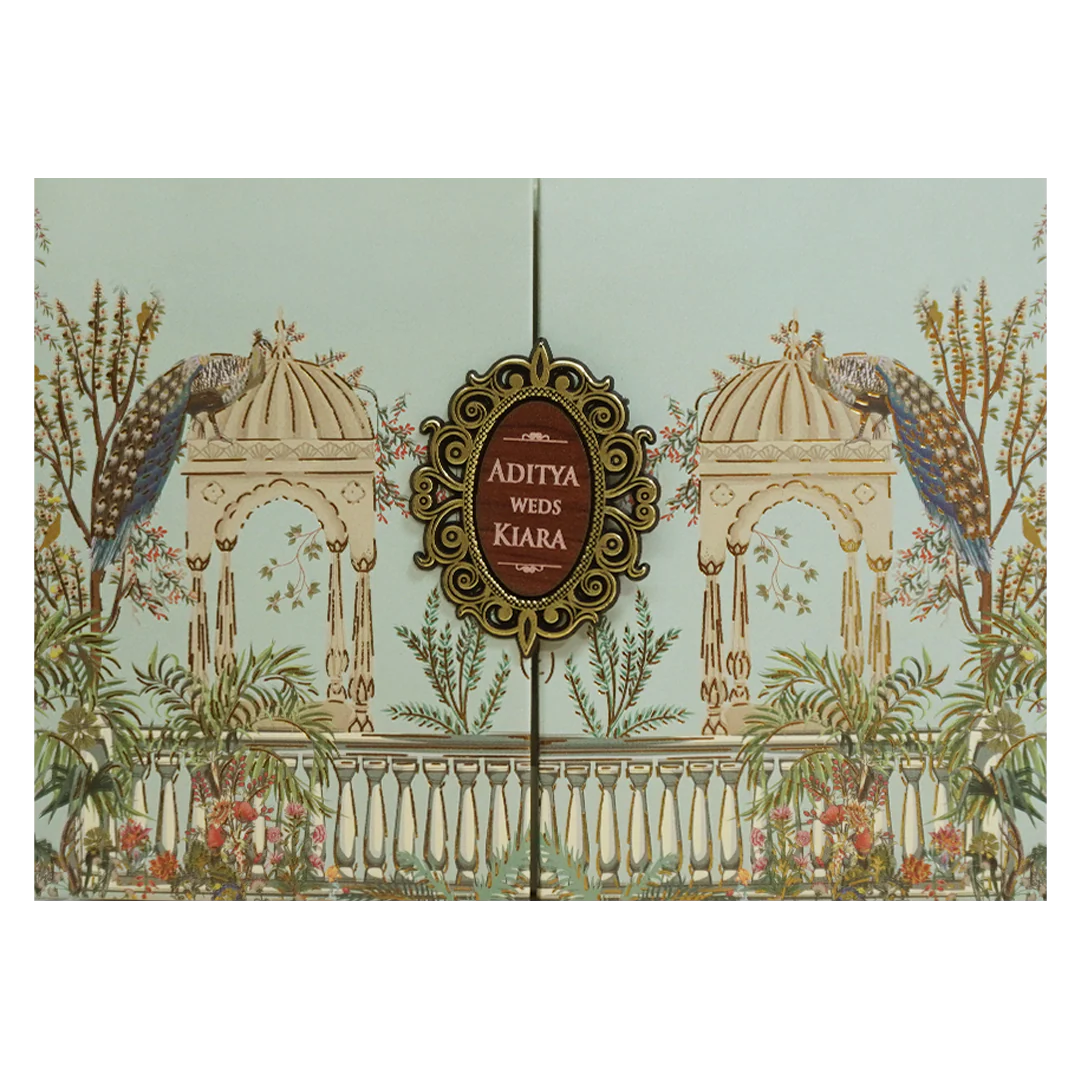 Royal Peacock Pastel Green Wedding Card - KFR16390 - Image 3