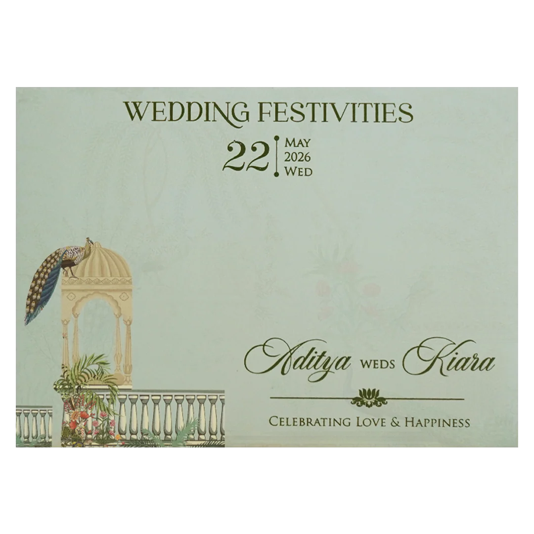 Royal Peacock Pastel Green Wedding Card - KFR16390 - Image 4