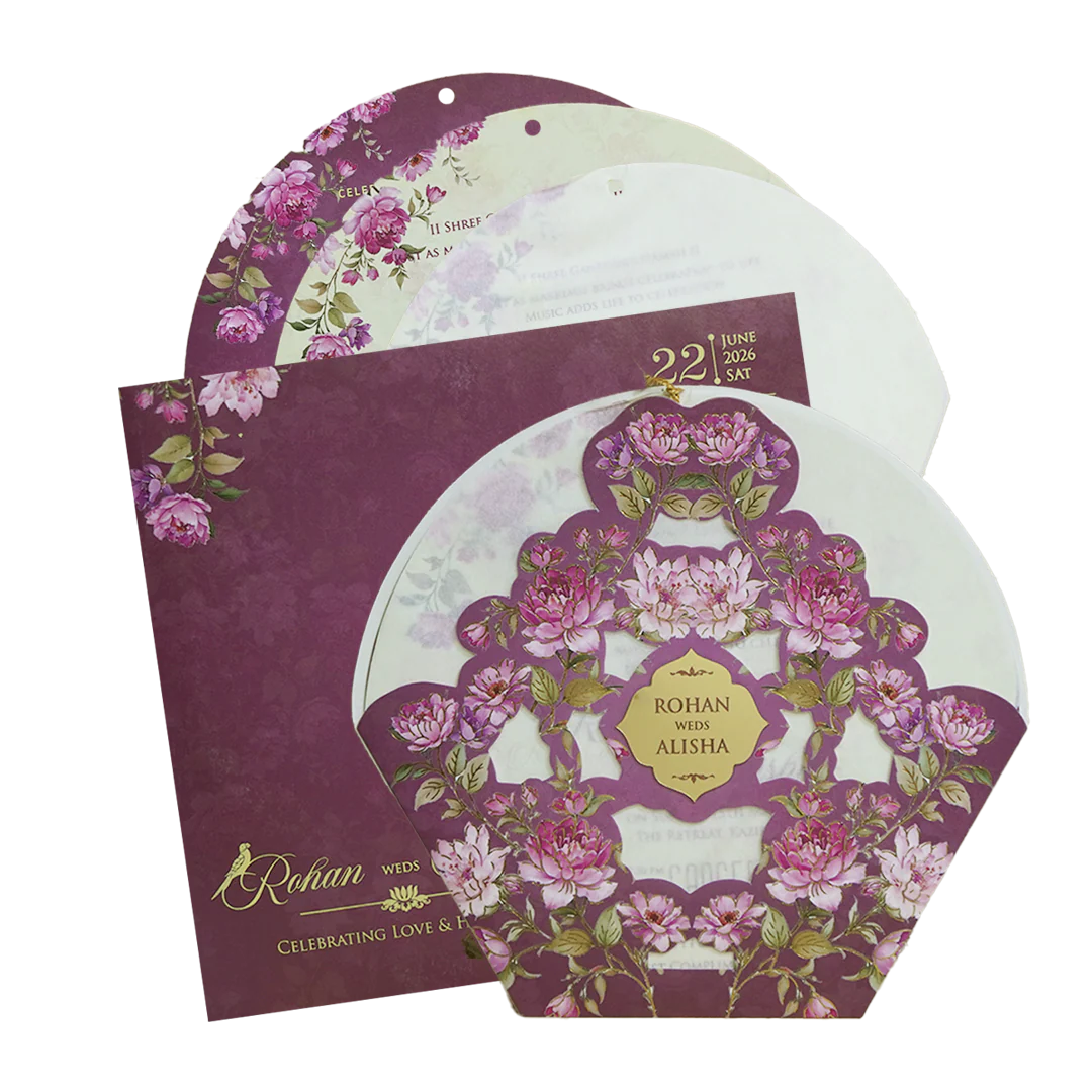 Royal Purple Laser Cut Floral Arch Wedding Card - KFR16190