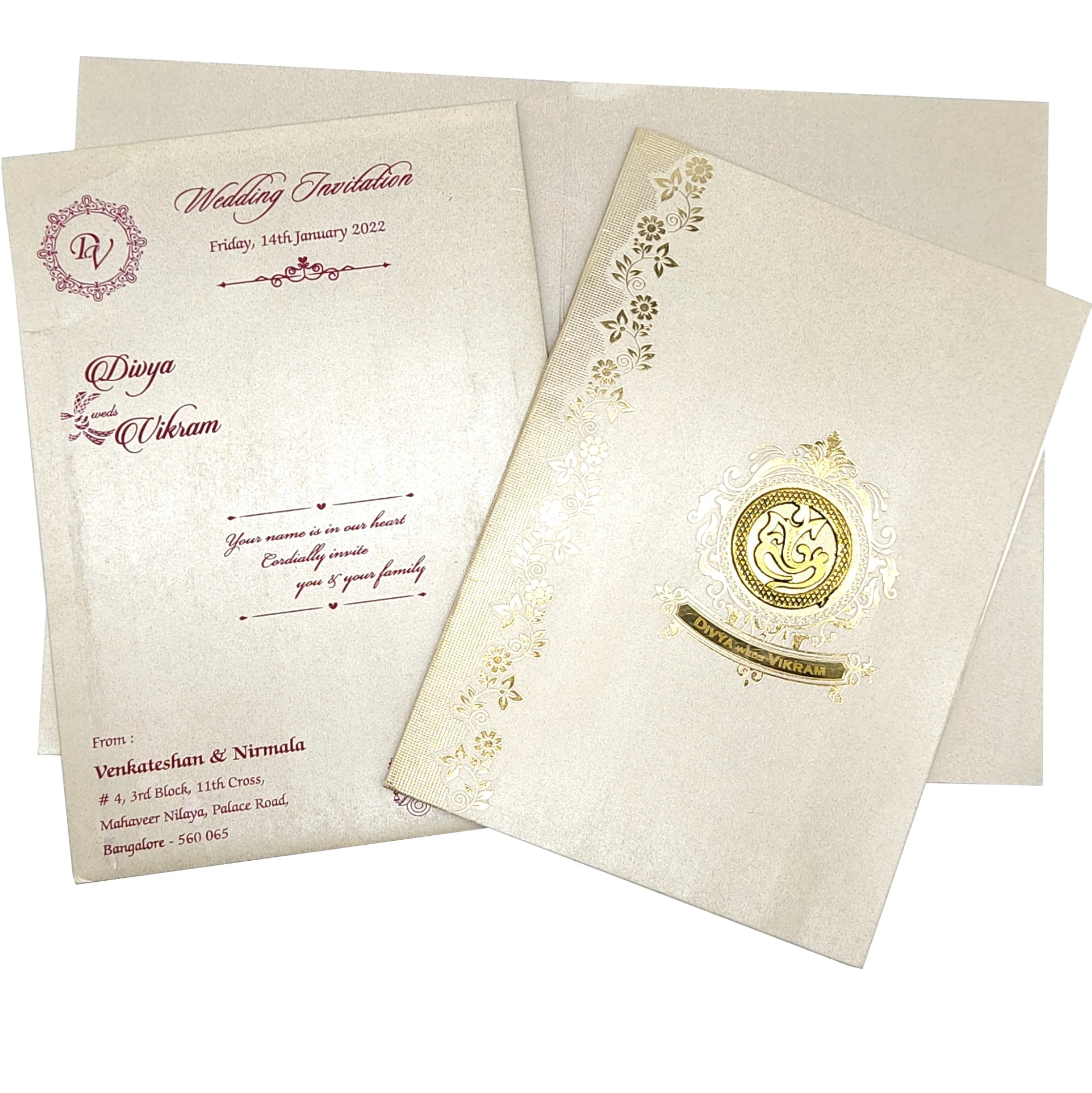 Grey Metallic Floral Gold Foiling With Ganesha And Name plate-KNCM31GS