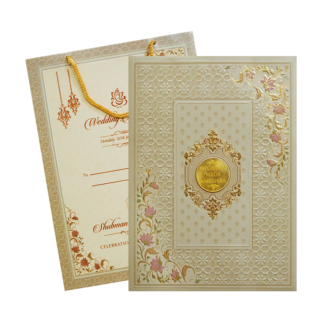 Cream Padded Embossed with Bag Wedding Invitation Card-KRB09560 - Image 2