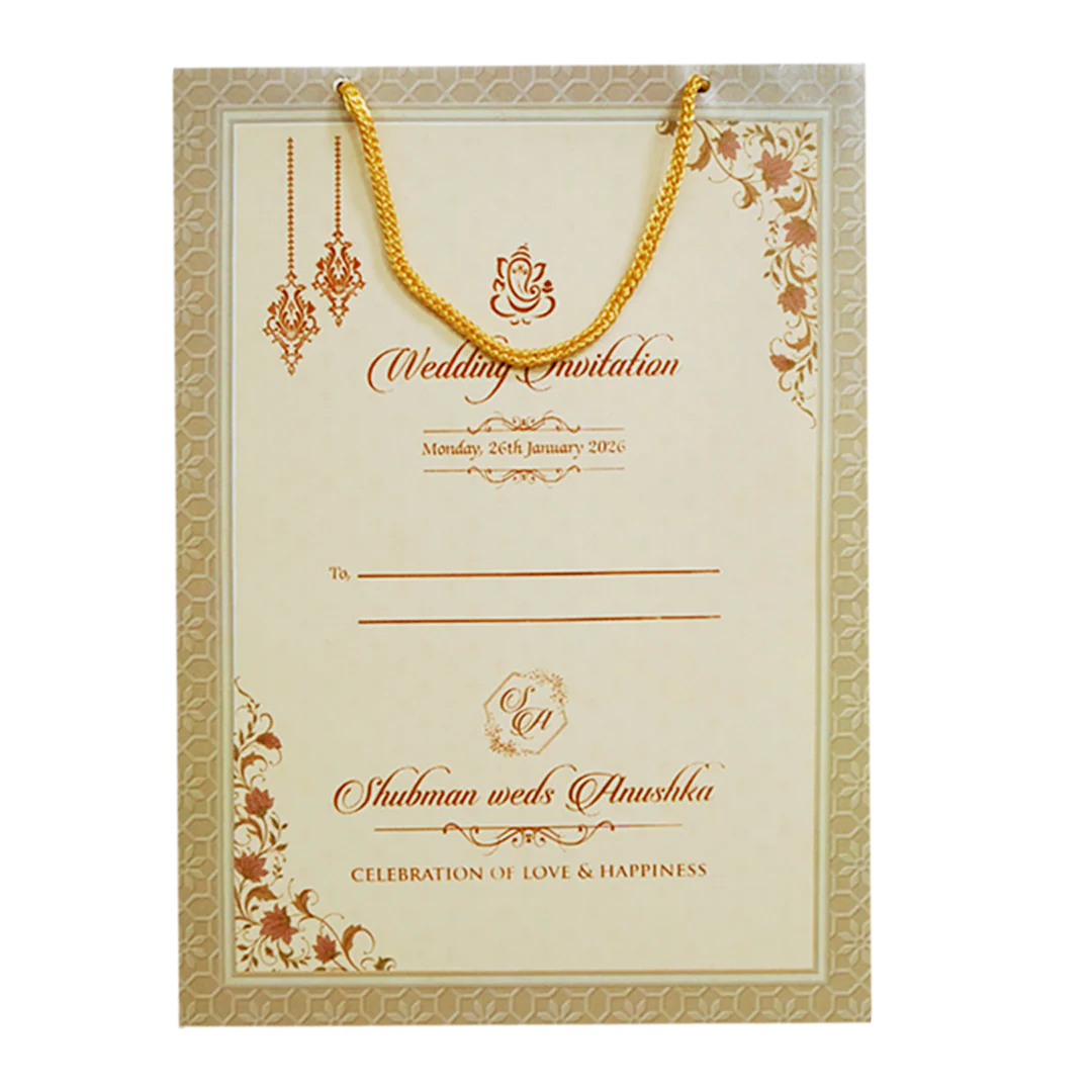 Cream Padded Embossed with Bag Wedding Invitation Card-KRB09560 - Image 4
