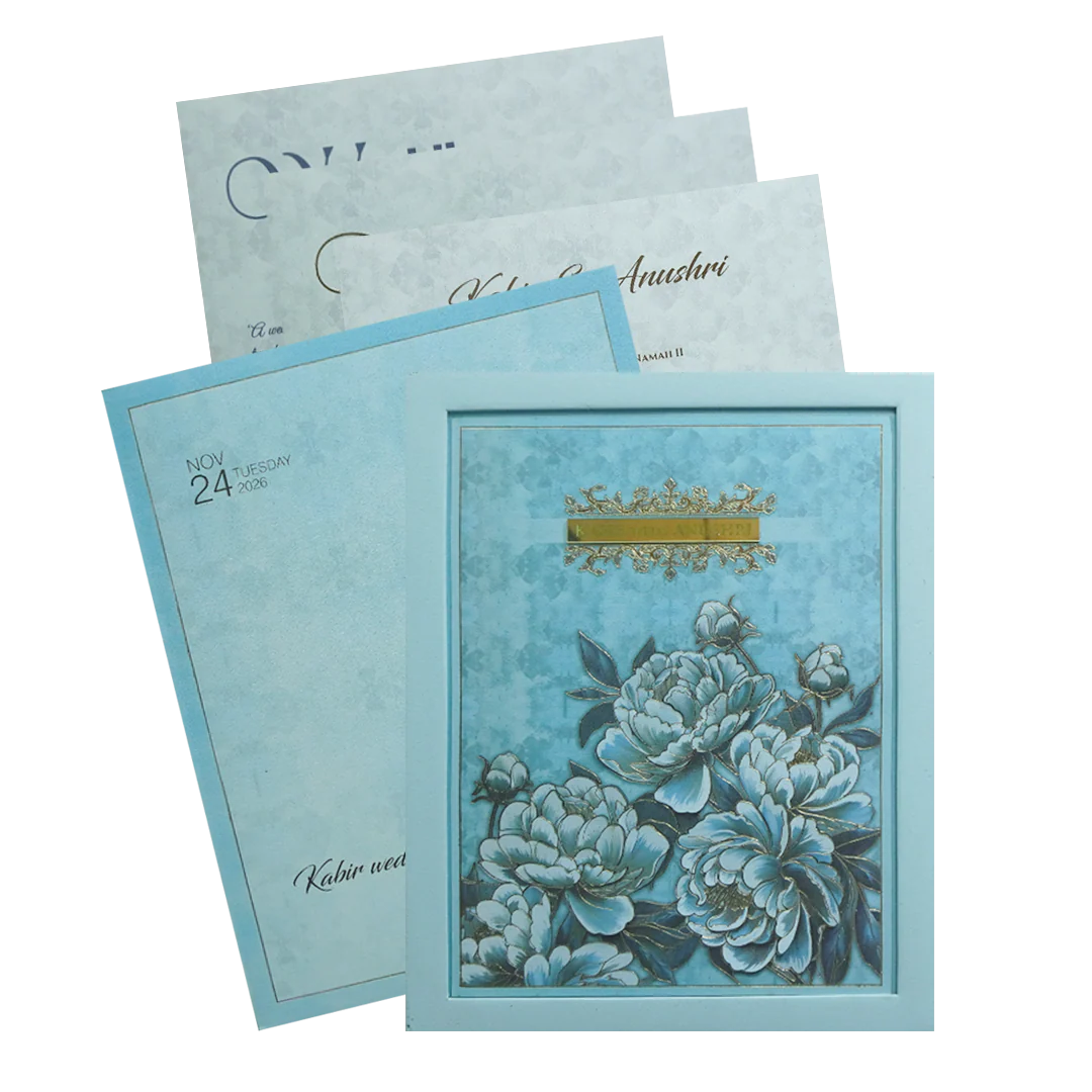 Sky Blue Floral Luxury Wedding Invitation Card-KPR24750