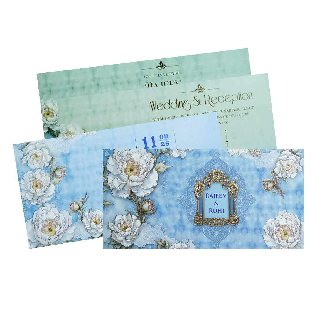 Sky Blue Floral Wedding Invitation Card-KPR06550