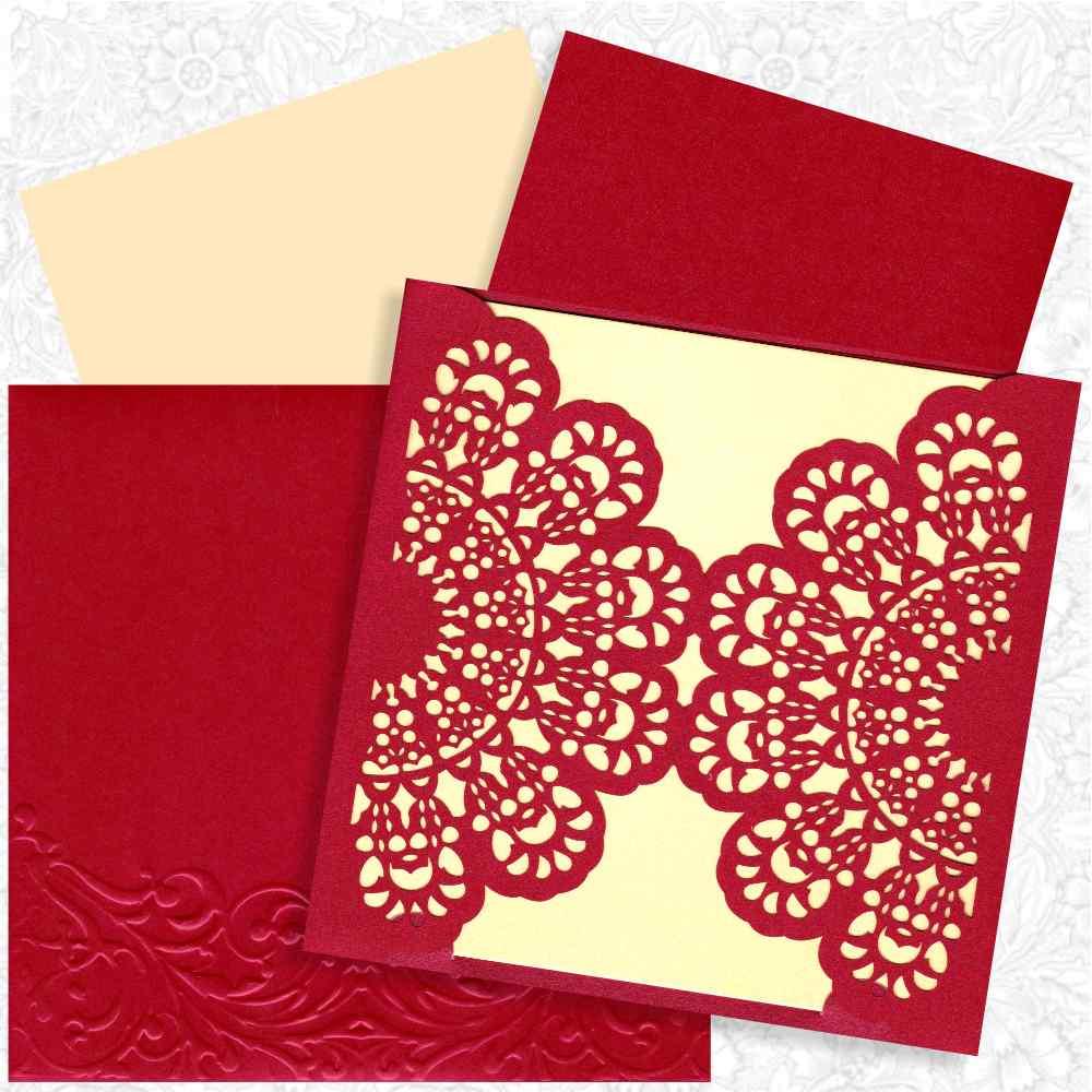 Unique Door Type Opening With Red Shading Laser Cut Wedding Card - KRM06310