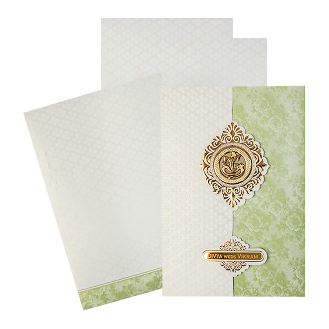 White and Green Ganesha Floral Wedding Card-KNAI2201