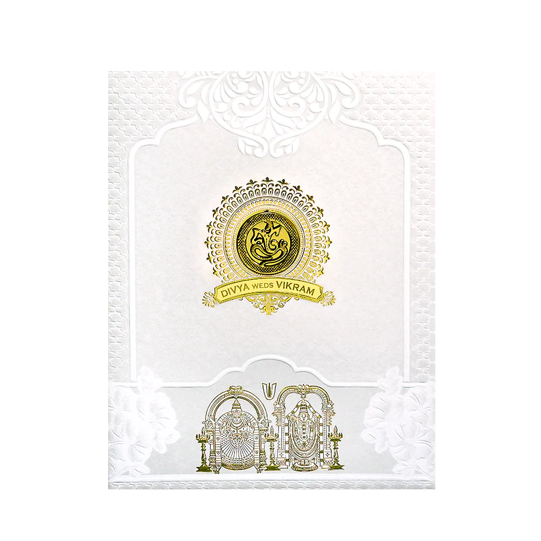 White Balaji Padmavathi Nameplate Wedding Card-KNJS2090