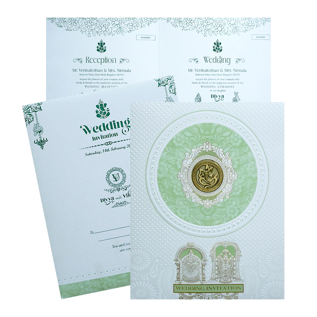 White Balaji Padmavthi Green Floral Wedding Card-KNJS2085G