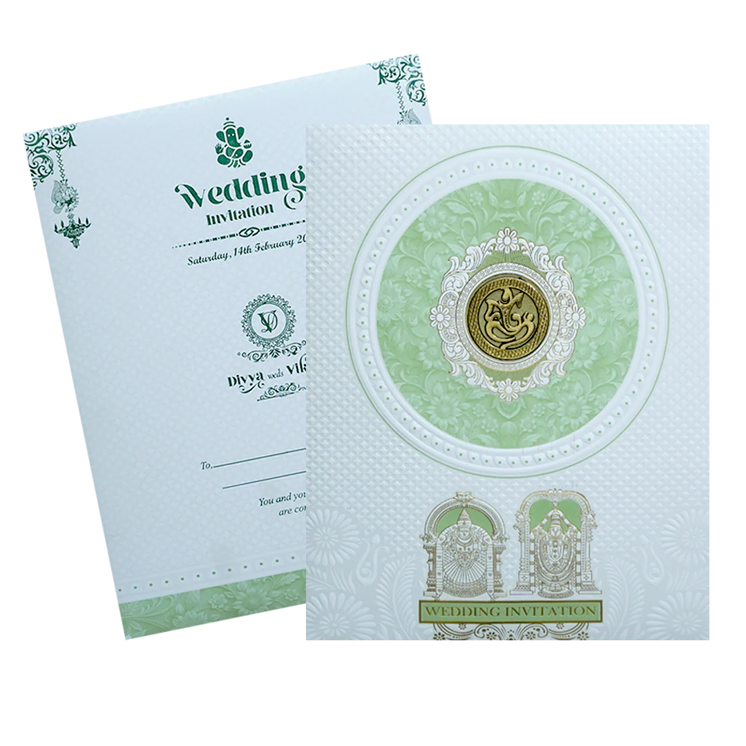 White Balaji Padmavthi Green Floral Wedding Card-KNJS2085G - Image 2