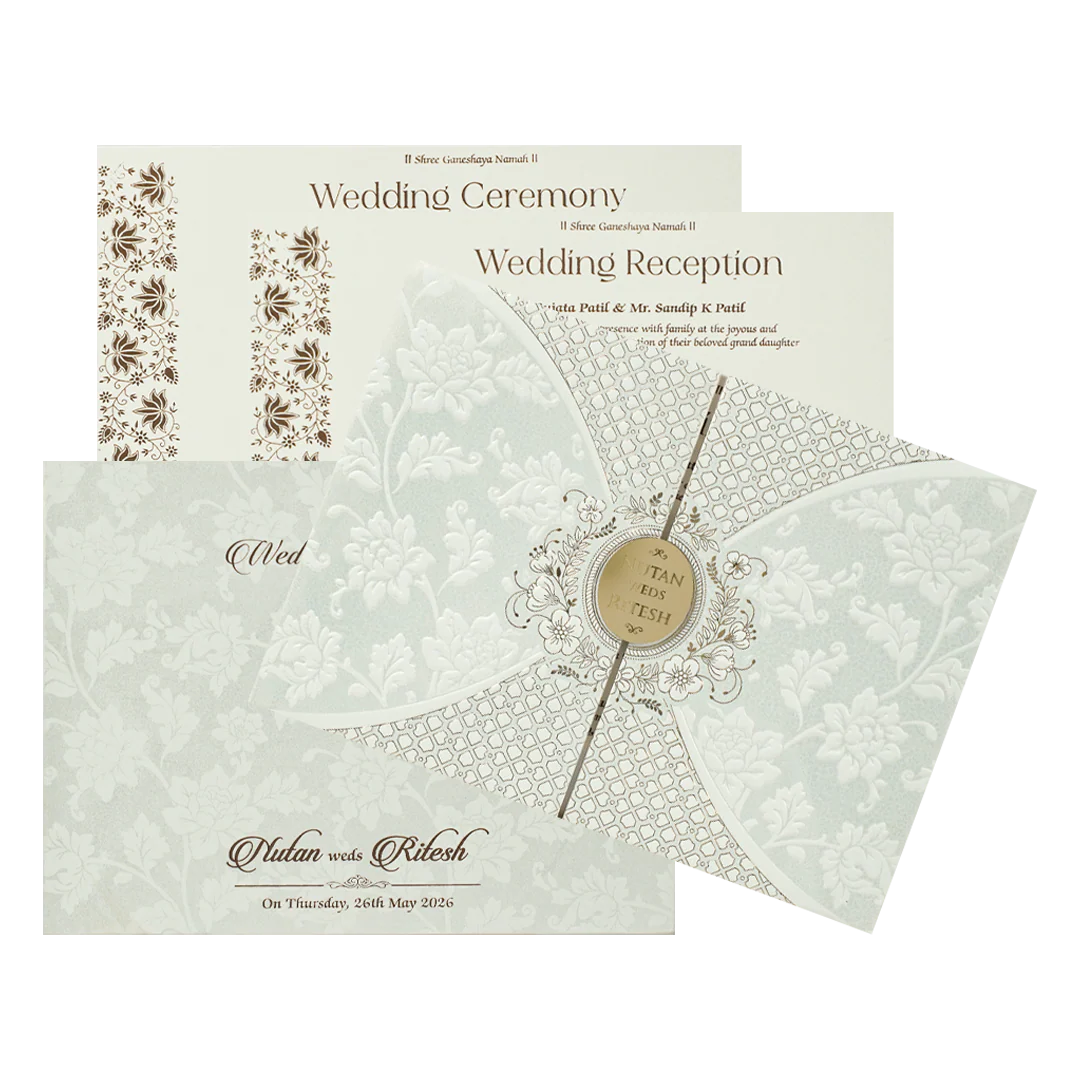 White Circle Floral Padded Wedding card-KRE28330