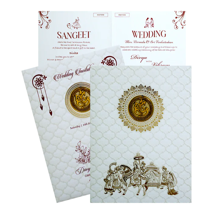 White Embossed Baraat Wedding Invitation Card-KNK70550