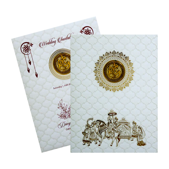 White Embossed Baraat Wedding Invitation Card-KNK70550 - Image 2