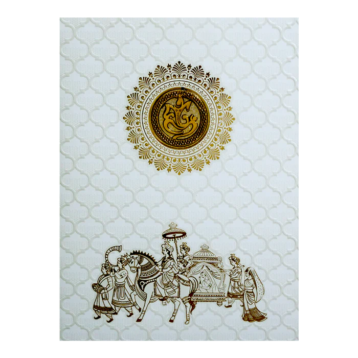 White Embossed Baraat Wedding Invitation Card-KNK70550 - Image 3