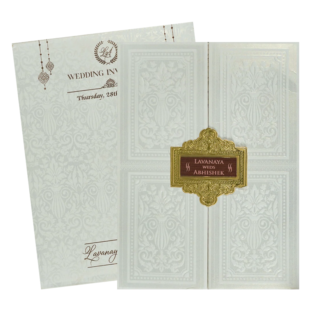 White Padded Embossed Padded Wedding Card-KRE25490 - Image 2