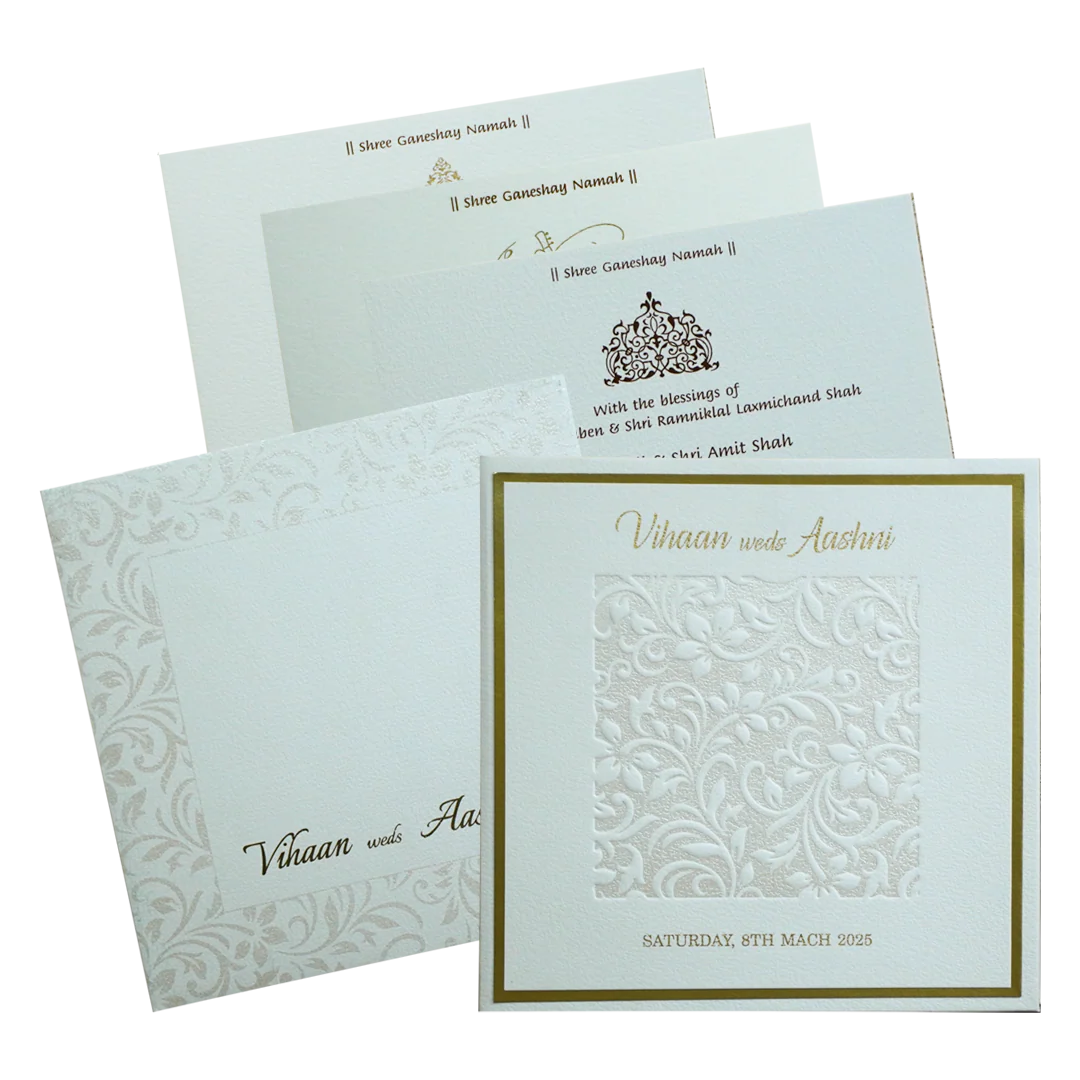 White Embossed Floral Padded Invitation Card-KRC30480