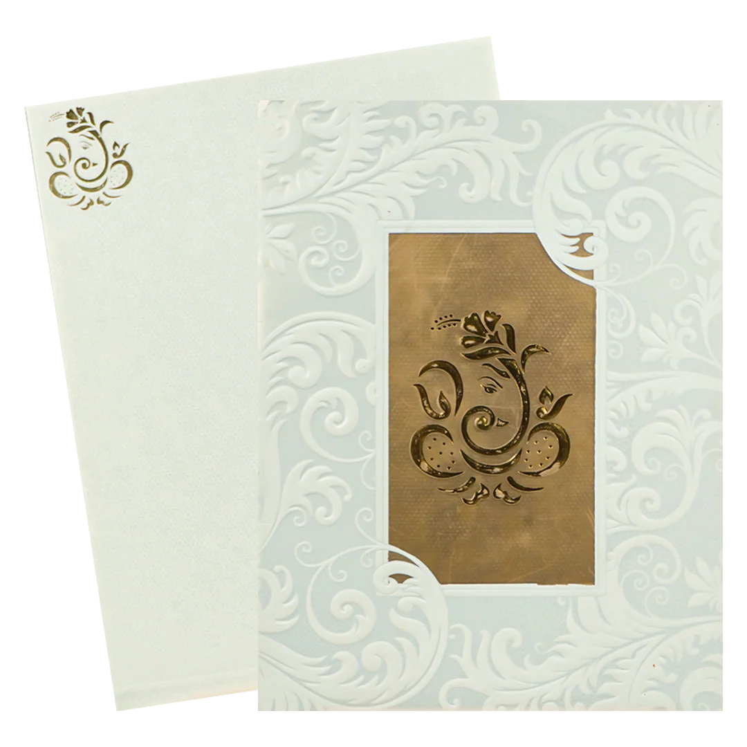 White Embossed Ganesha Wedding Card-KNK1828 - Image 2