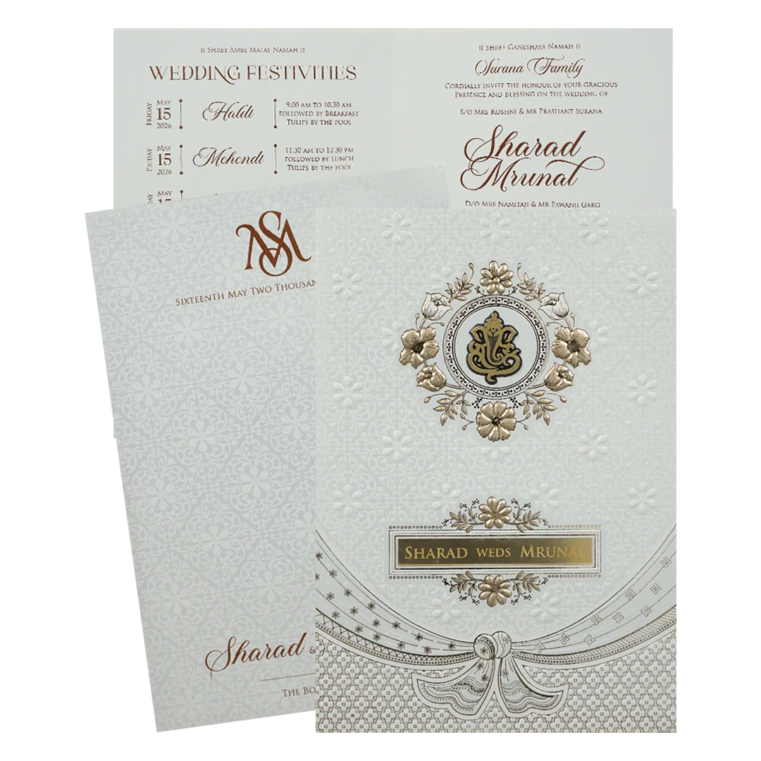 White Embossed Ganesha Wedding card-KRE28660