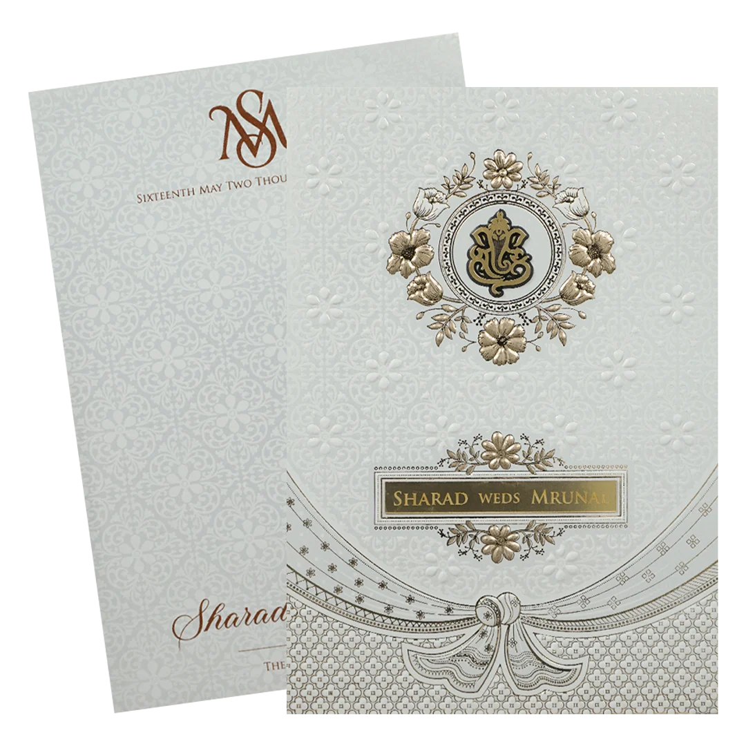 White Embossed Ganesha Wedding card-KRE28660 - Image 2