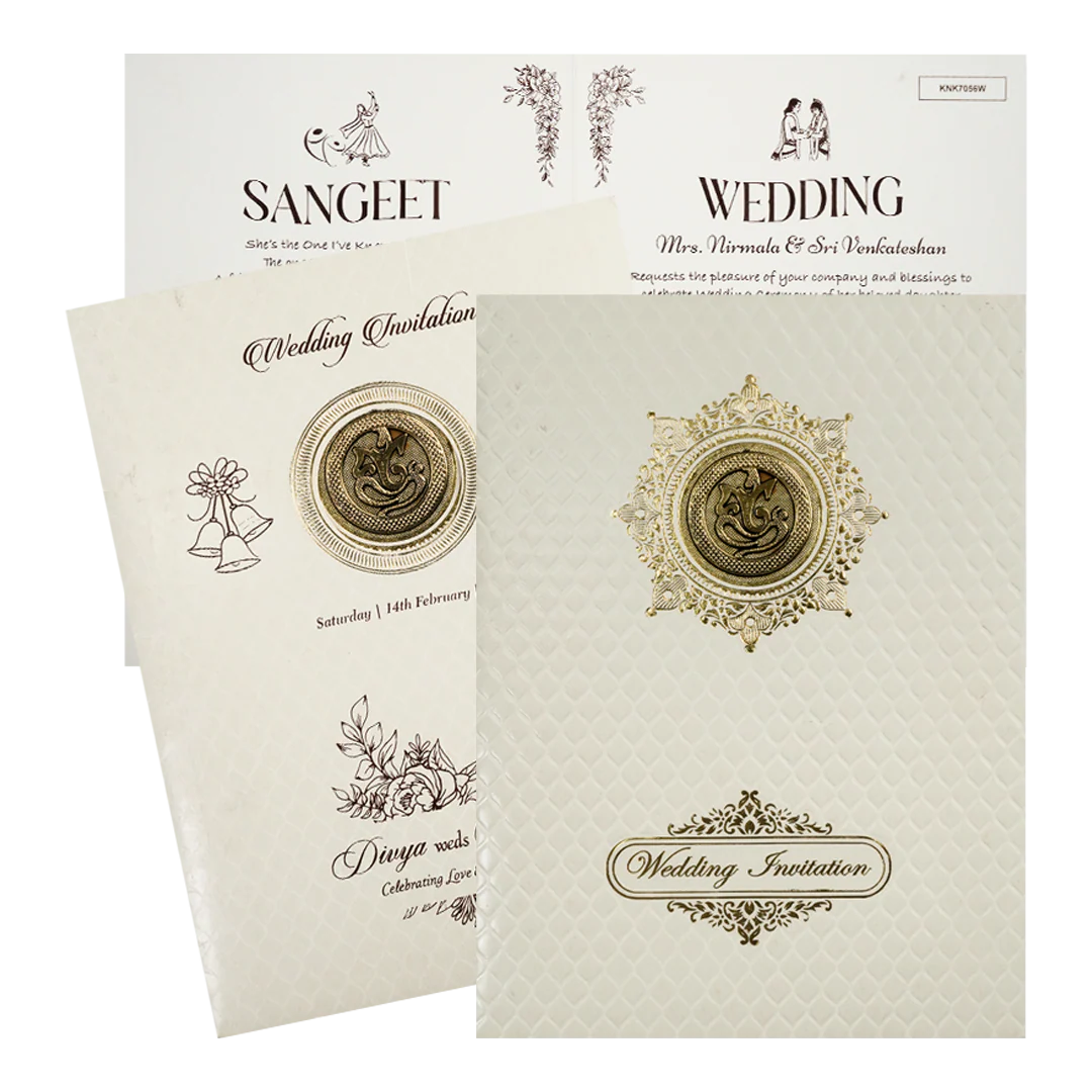 White Embossed Gold Ganesha Wedding Card-KNK7056W