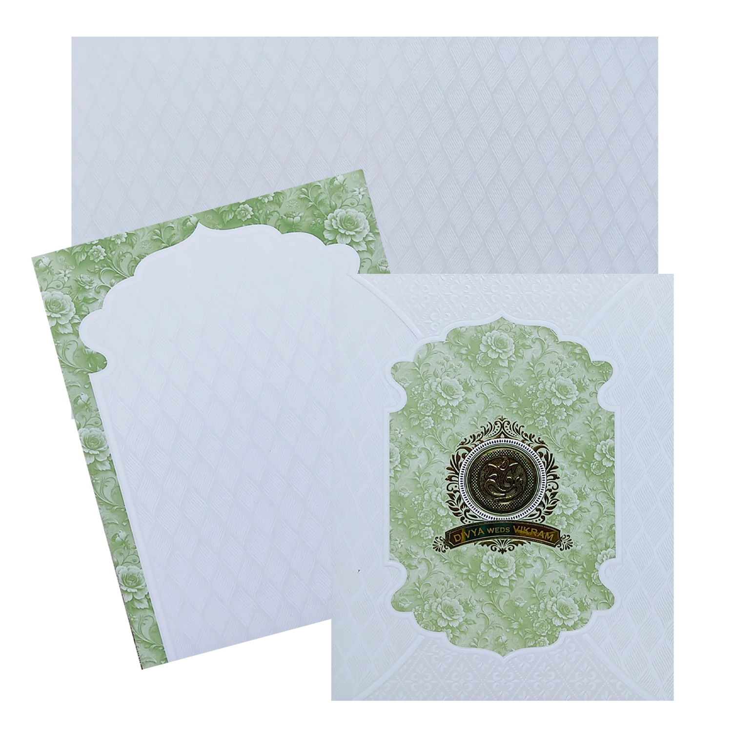 White Embossed Green Floral Wedding Card-KNJS2084G