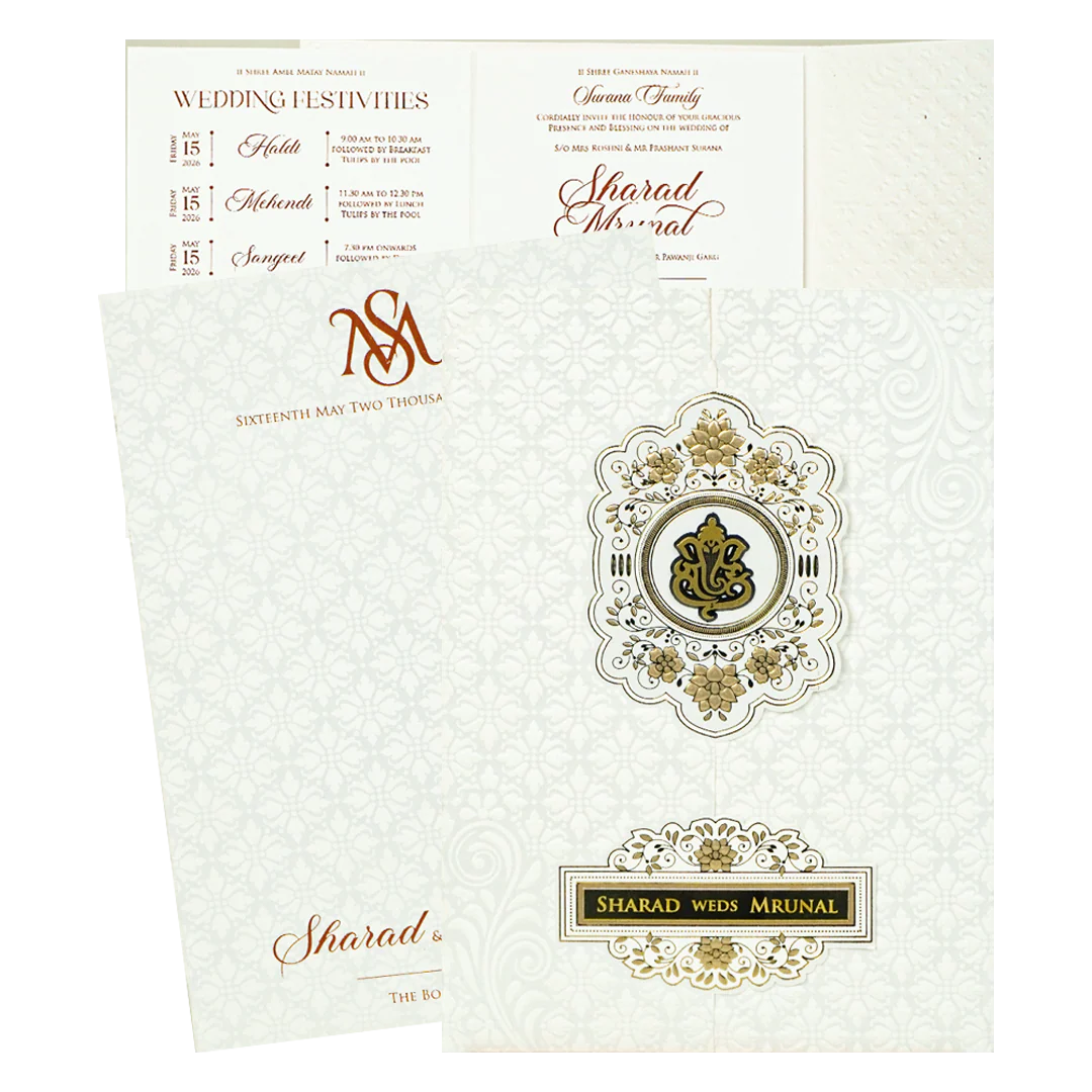 White Embossed Monogram Floral Wedding card-KRE28680
