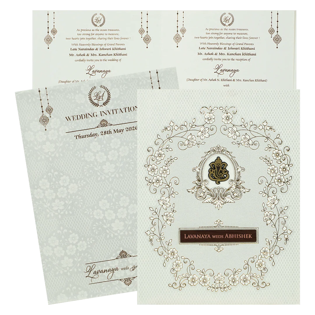 White Embossed Monogram Floral Wedding Card-KRE26870