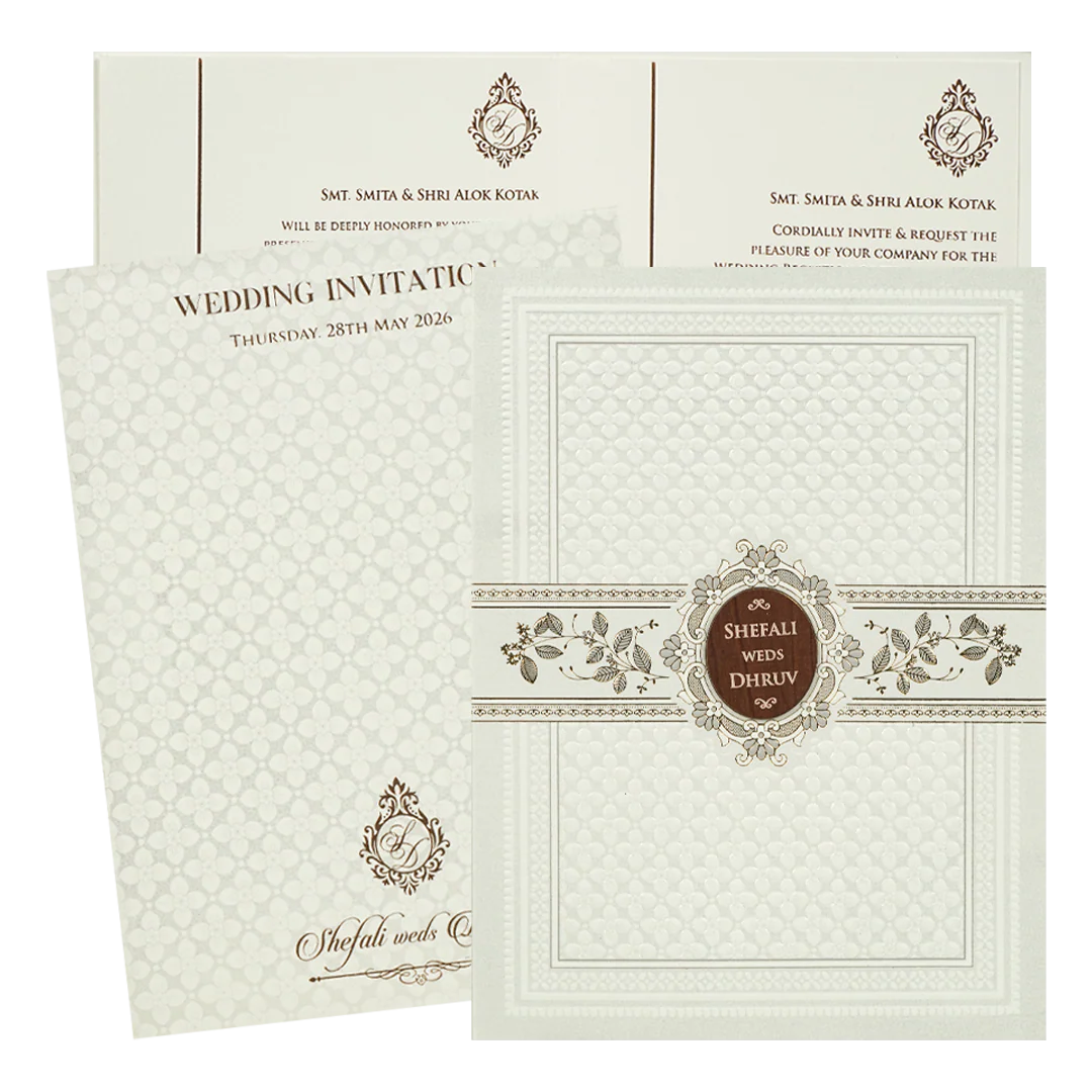 White Embossed Wooden Medallion Wedding Card-KRE28460