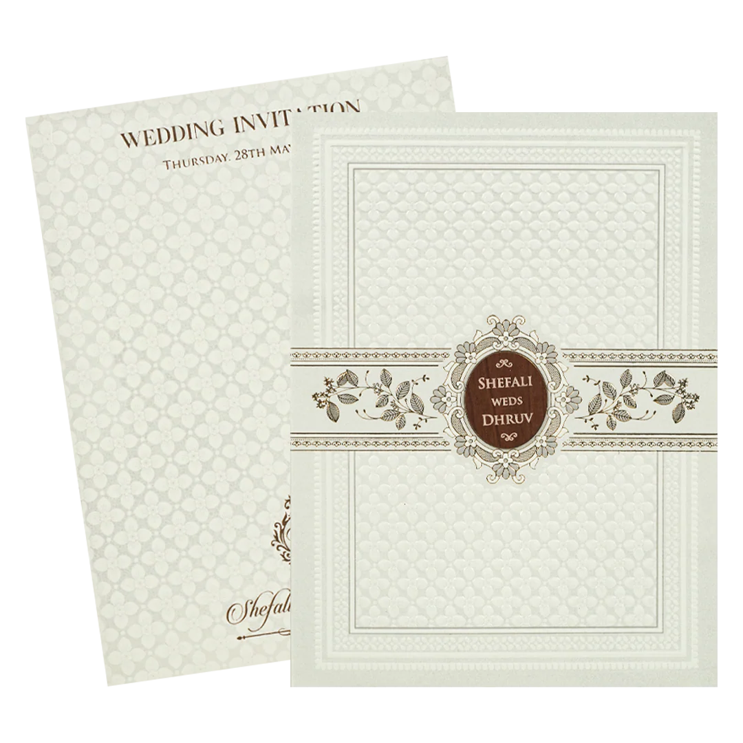 White Embossed Wooden Medallion Wedding Card-KRE28460 - Image 2