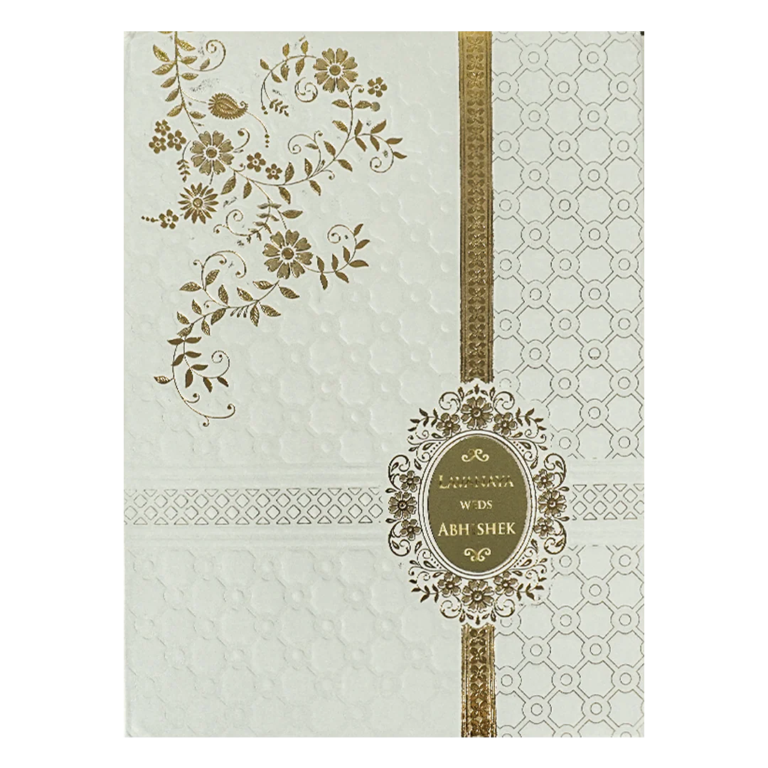 White Floral Geometric Gold Medallion Padded Wedding Card-KRE26340 - Image 3
