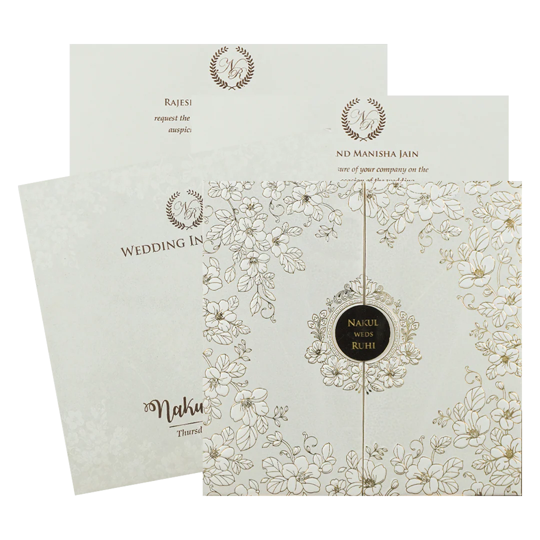 White Floral Gold Circle Padded Wedding Card-KRE28310