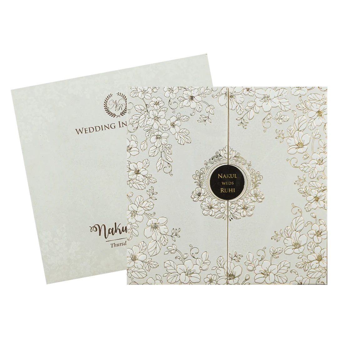 White Floral Gold Circle Padded Wedding Card-KRE28310 - Image 2