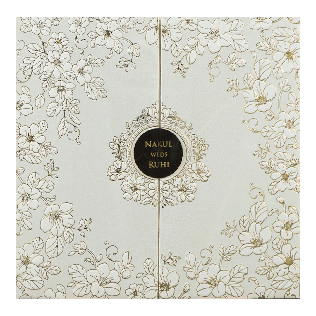 White Floral Gold Circle Padded Wedding Card-KRE28310 - Image 3