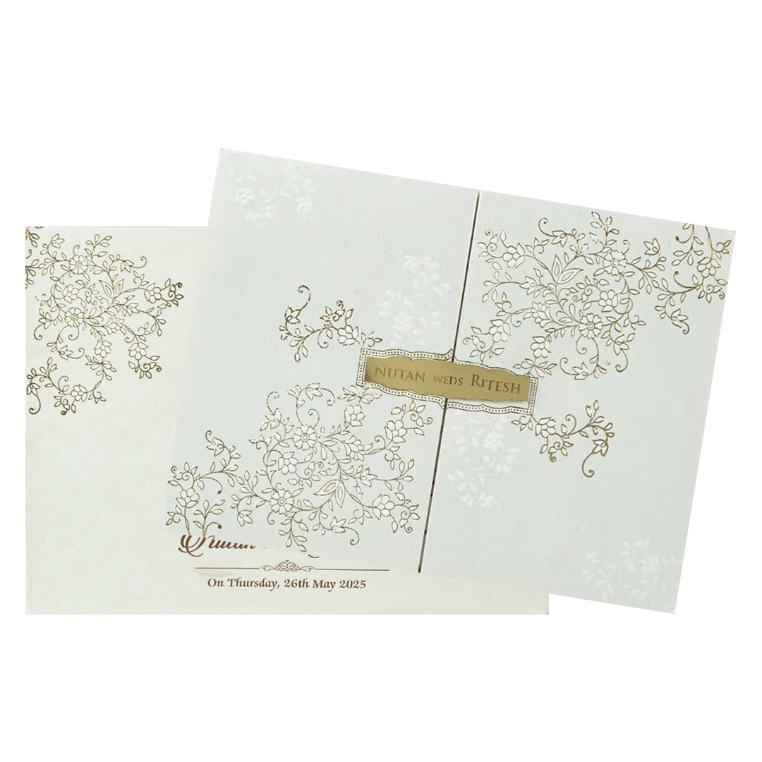 White Floral Gold Foil Padded Wedding Card-KRE25870 - Image 2