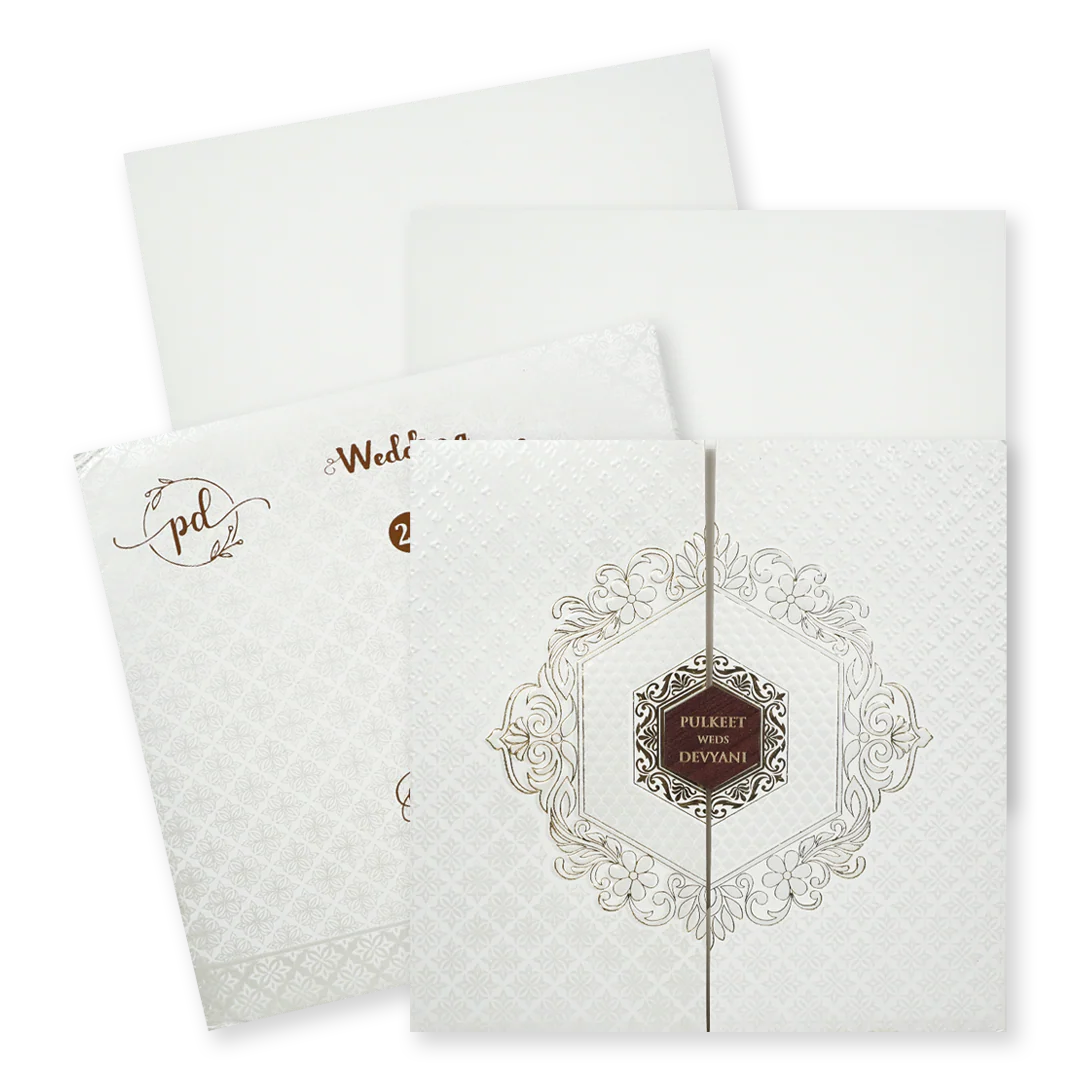 White Floral Hexagon Padded Wedding Card-KJTS1857