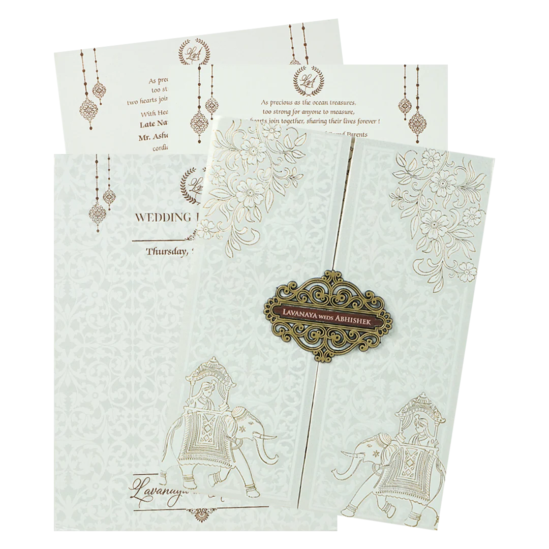 White Floral Royal Elephant Padded Wedding Card-KRE26370