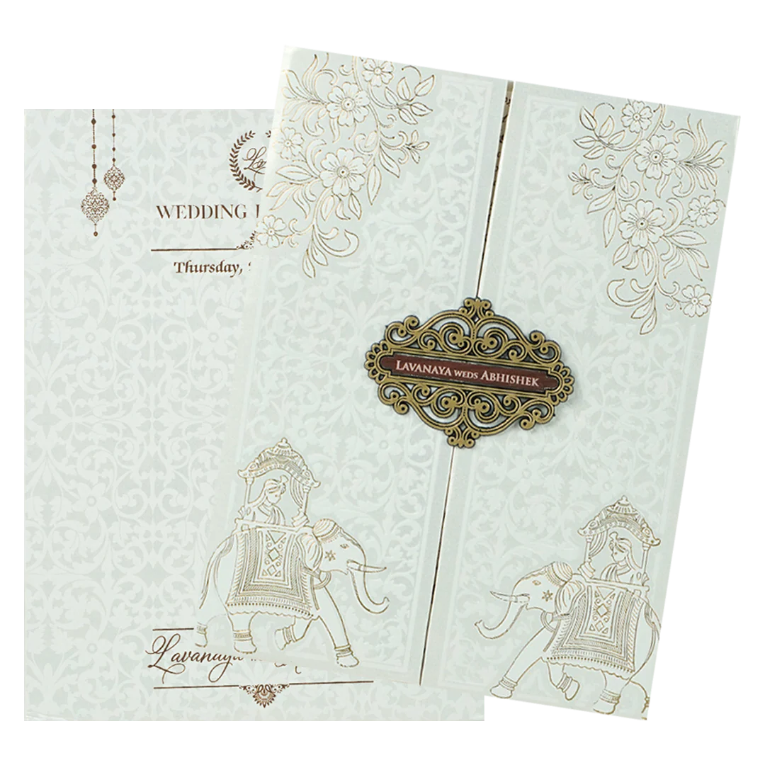 White Floral Royal Elephant Padded Wedding Card-KRE26370 - Image 2