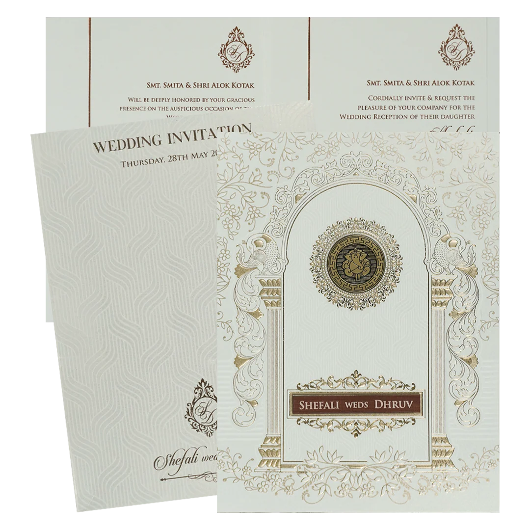 White Ganesha Arch Wedding Card-KRE28410