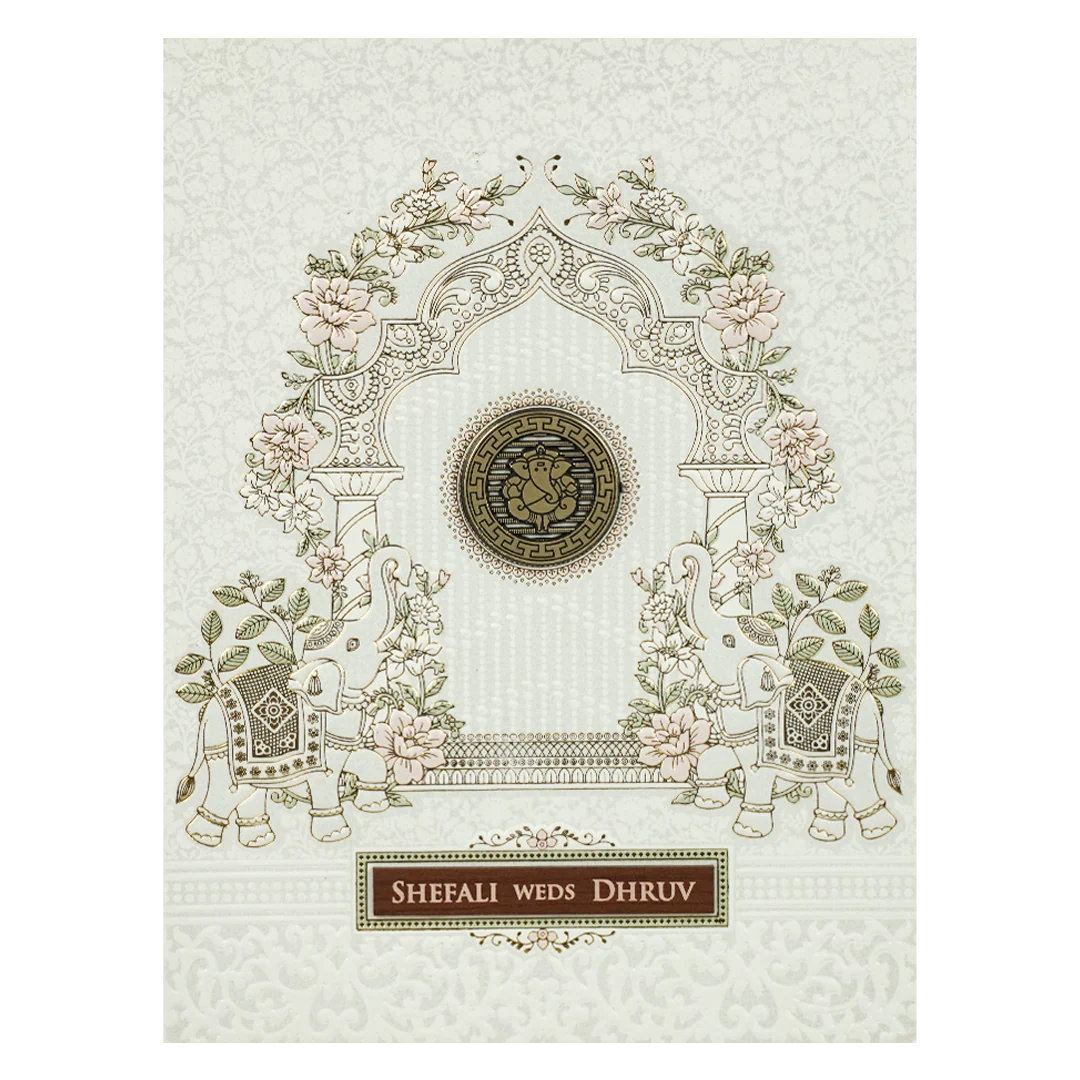White Ganesha Elephant Embossed Wedding Card-KRE28390 - Image 3